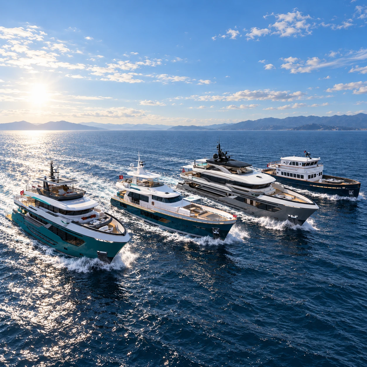 Four AvA yachts cruising at golden hour